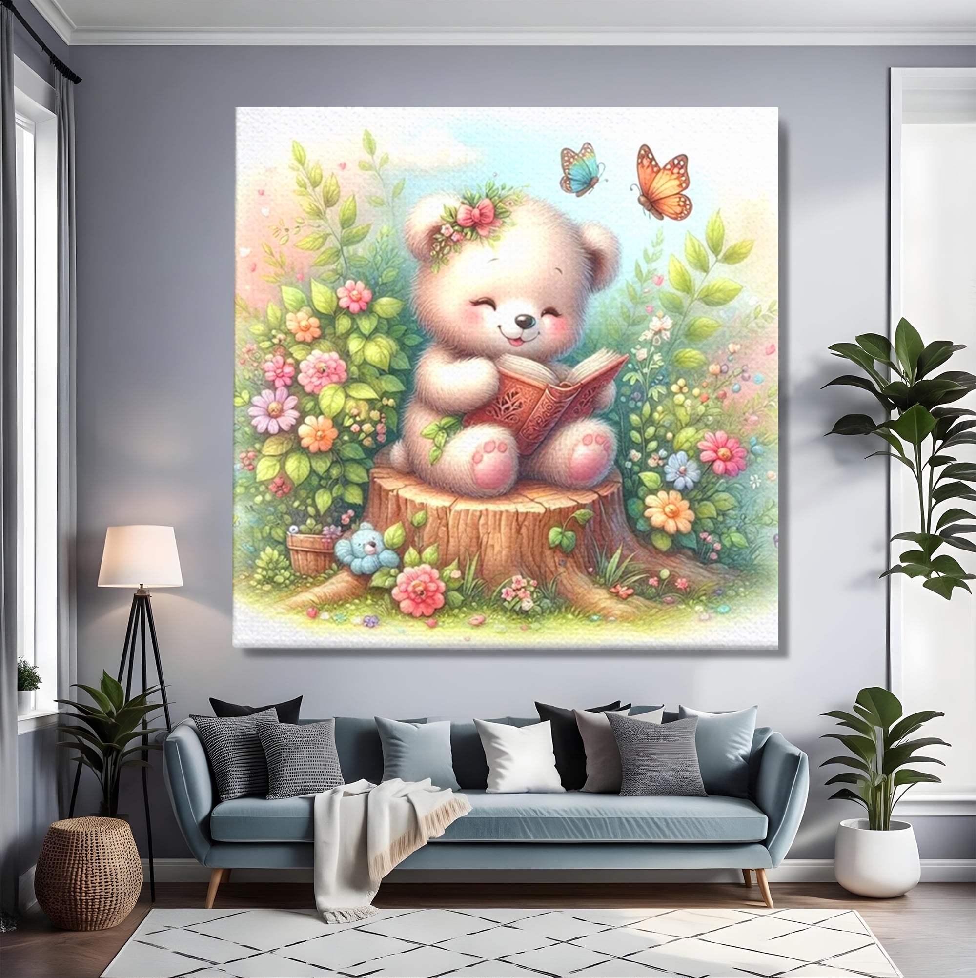 Tablou canvas cu tablou canvas cu ursulet cititor, fara rama, pe sasiu de lemn, pe perete intr-un living